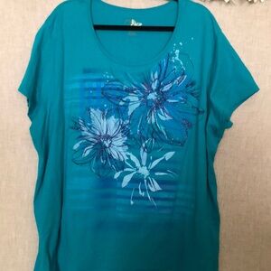 Just My Size Teal Floral Scoop Neck Short Sleeve Tee
